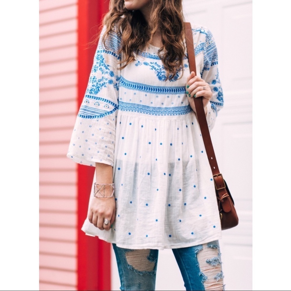 Mermaid • Anthropologie Meadowbrook blouse embroidered tunic top white cotton - Picture 3 of 12